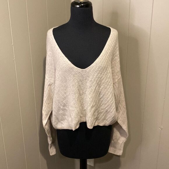 Free People Small Knit Heather Grey Oversized Sweater Wide V Neck - Picture 1 of 6